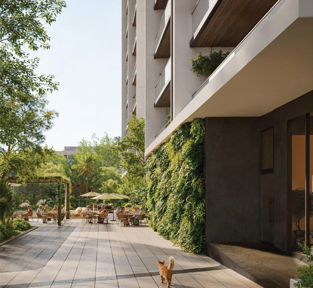 Landscaped wellness trail between the towers