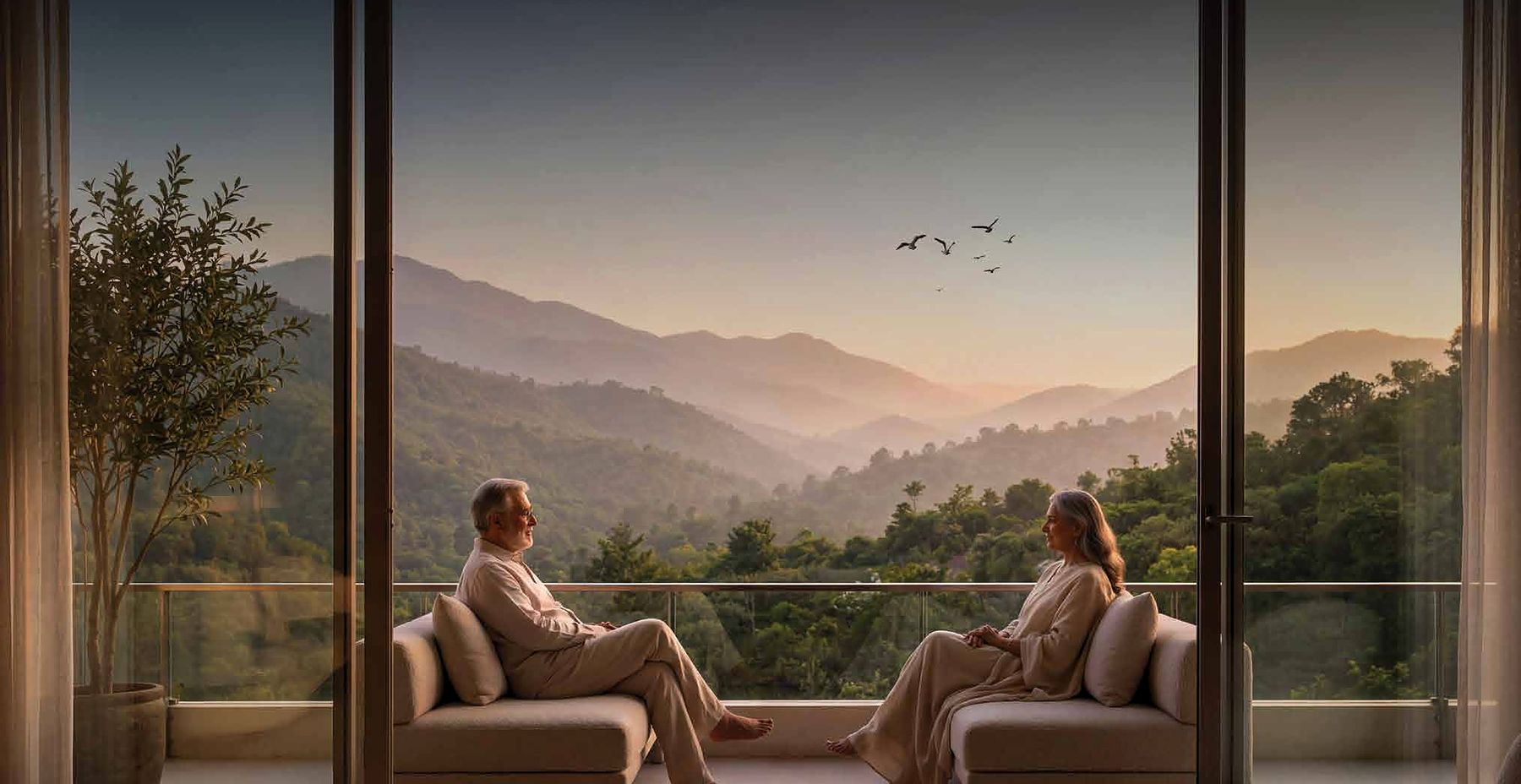 Residents on a balcony facing the Aravalli hills (artistic impression)